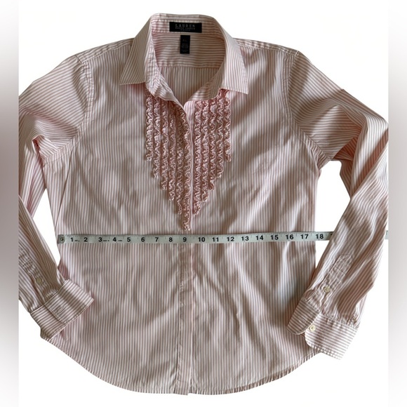 Lauren Ralph Lauren Petite Pink White Striped Ruffle Blouse Cotton P/L - Picture 9 of 9